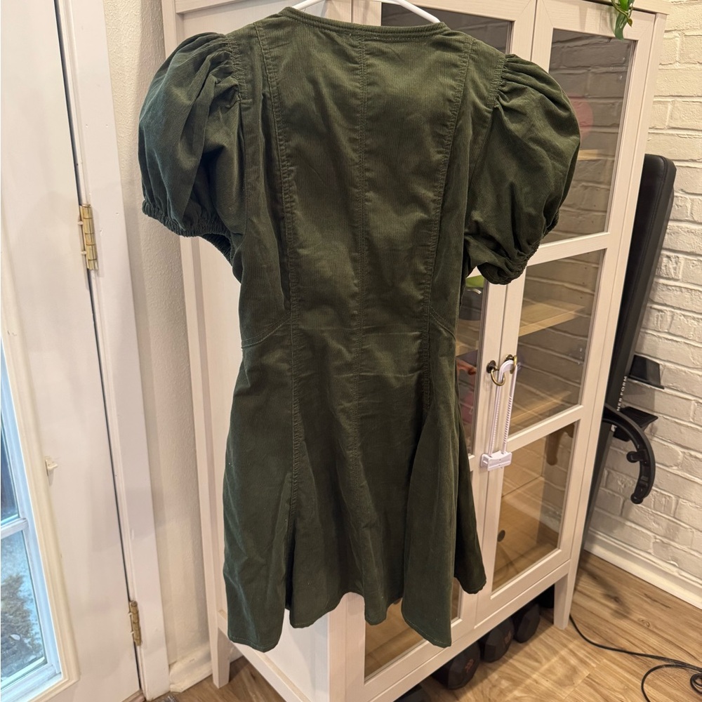 Olive Green Corduroy Puff Sleeve with Pockets Zip-Front Dress - Picture 4 of 9